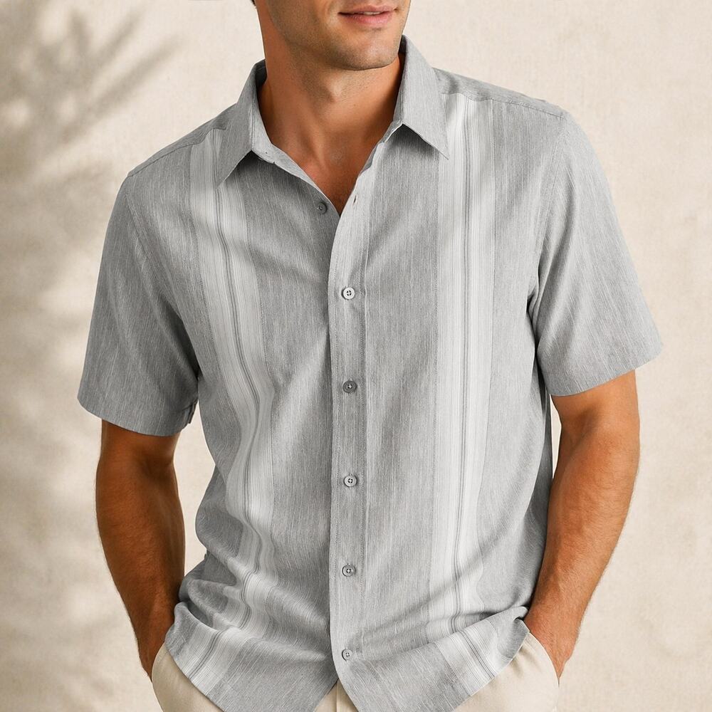 Men’s Gray Stripe Short Sleeve Microfiber Button Up Shirt Small 34/36 NWT